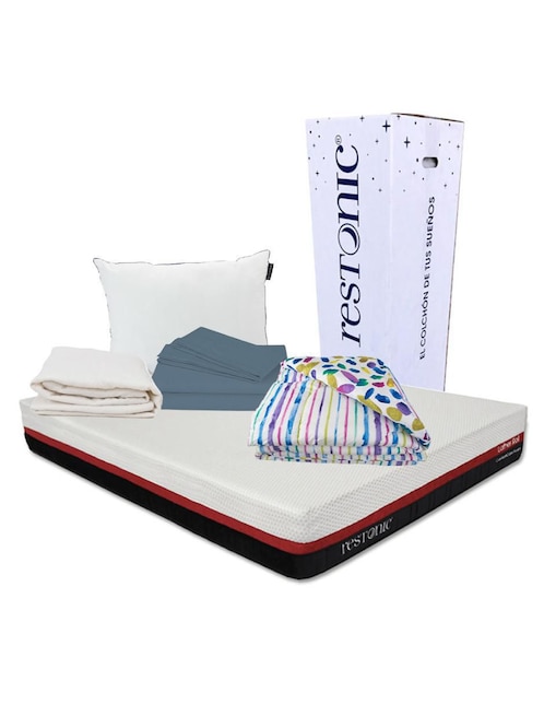 Colchón + sabanas, protector, almohada y edredón Restonic Roll confort firme