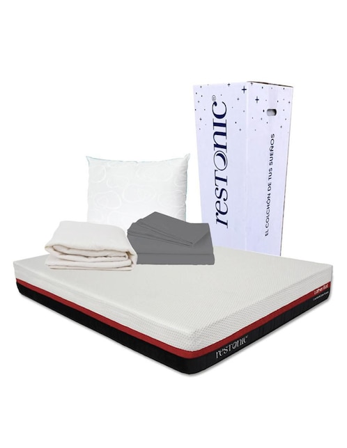 Colchón + almohada, protector y sábanas Restonic Lather confort firme
